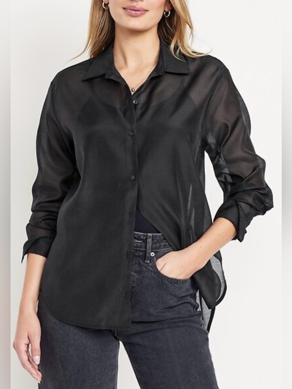 Old Navy Loose Button-Down Organza Tunic Shirt, Black Jack, sz M Tall